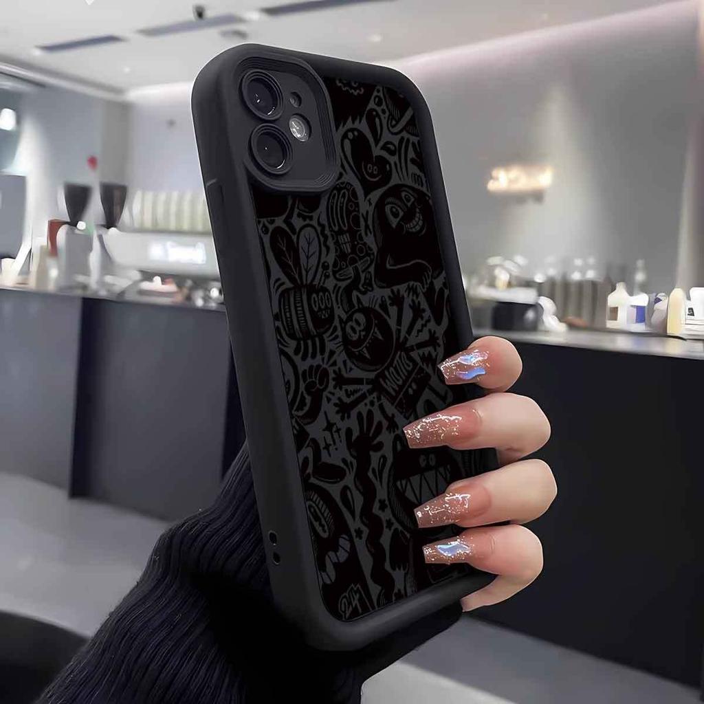 Strange Black Cartoon Pattern Durable Phone Case, Suitable for iPhone 17, 16, 15, Plus, Pro, Max Series Phones - Can Be Used As
