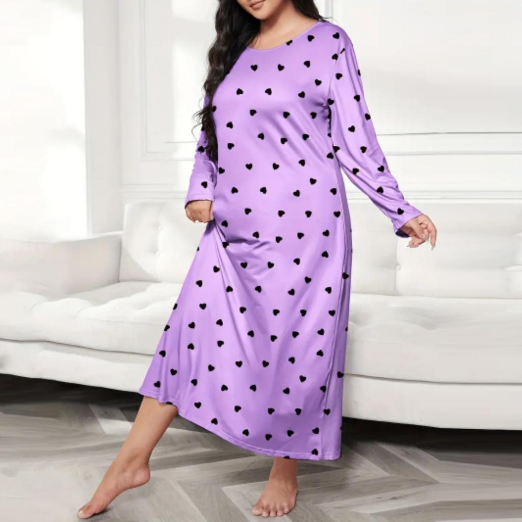 Women's Fashionable Plus Size Pajamas Round Neck Long Sleeved Print Length Nightgown Dress Clothes Sale