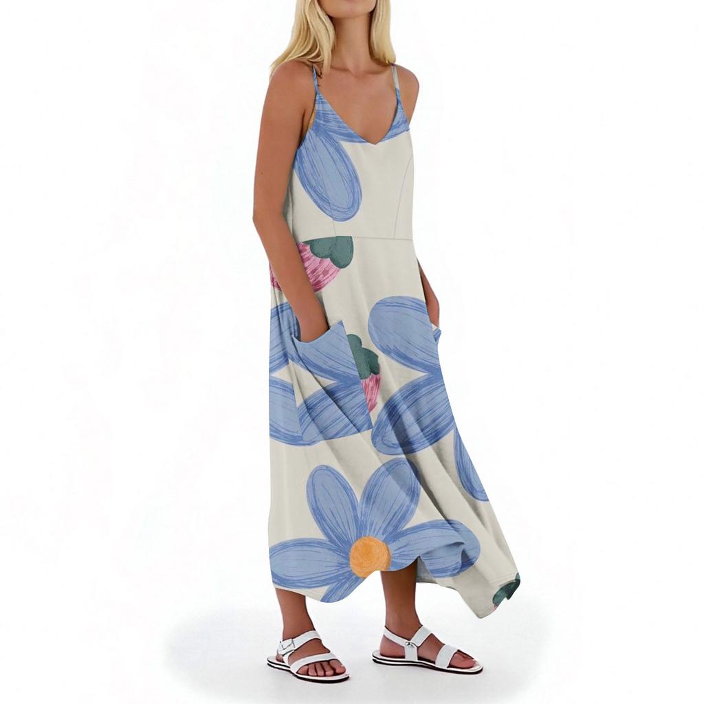 Women's Casual V Neck Floral Print Sleeveless Pocket Suspender Dress