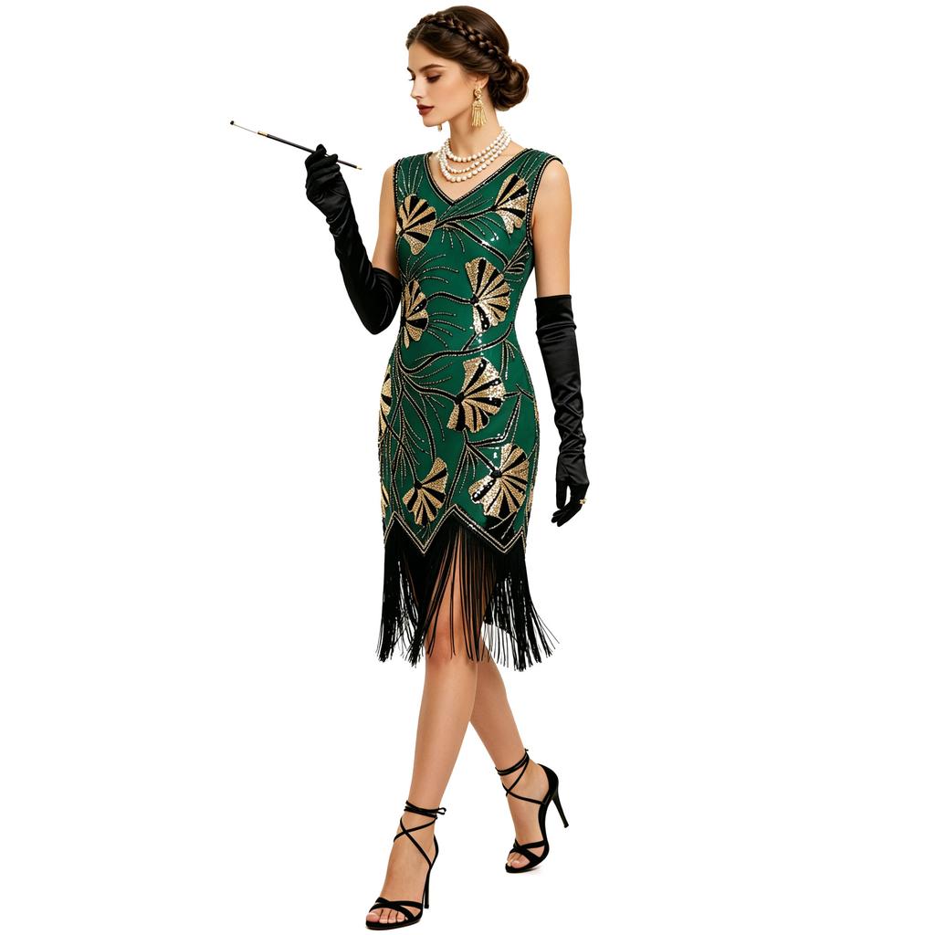 V Neck Dress Roaring 20s Great Gatsby Dress for Women 1920s Dress Evening Gown Cocktail Party Dresses Women's Sequin Bead Fringed Hem Flapper Dress