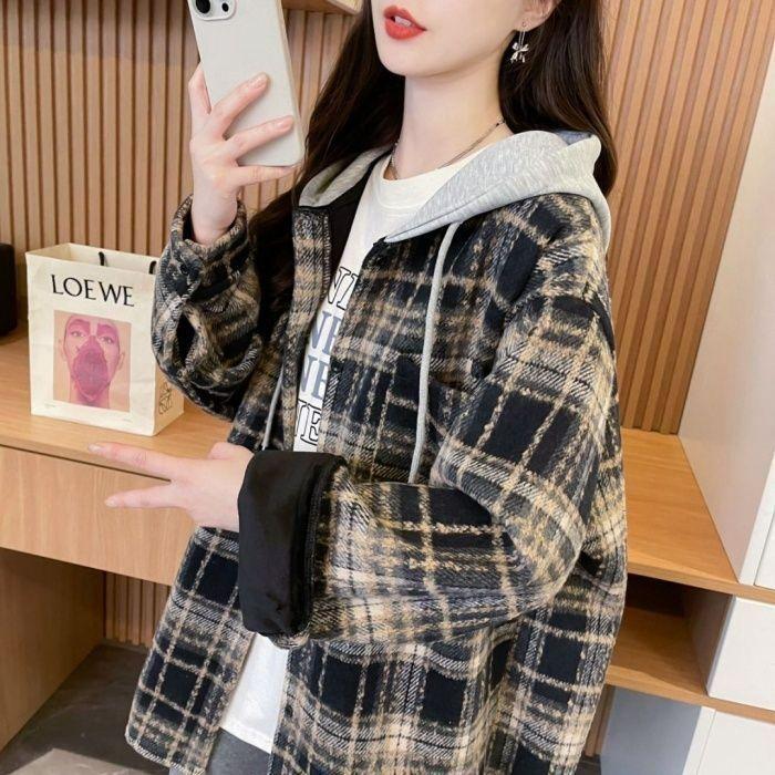 Retro Plaid Style Women's Coat with Hood Casual Mid-length Women's Top Thin Women's Spring Coat