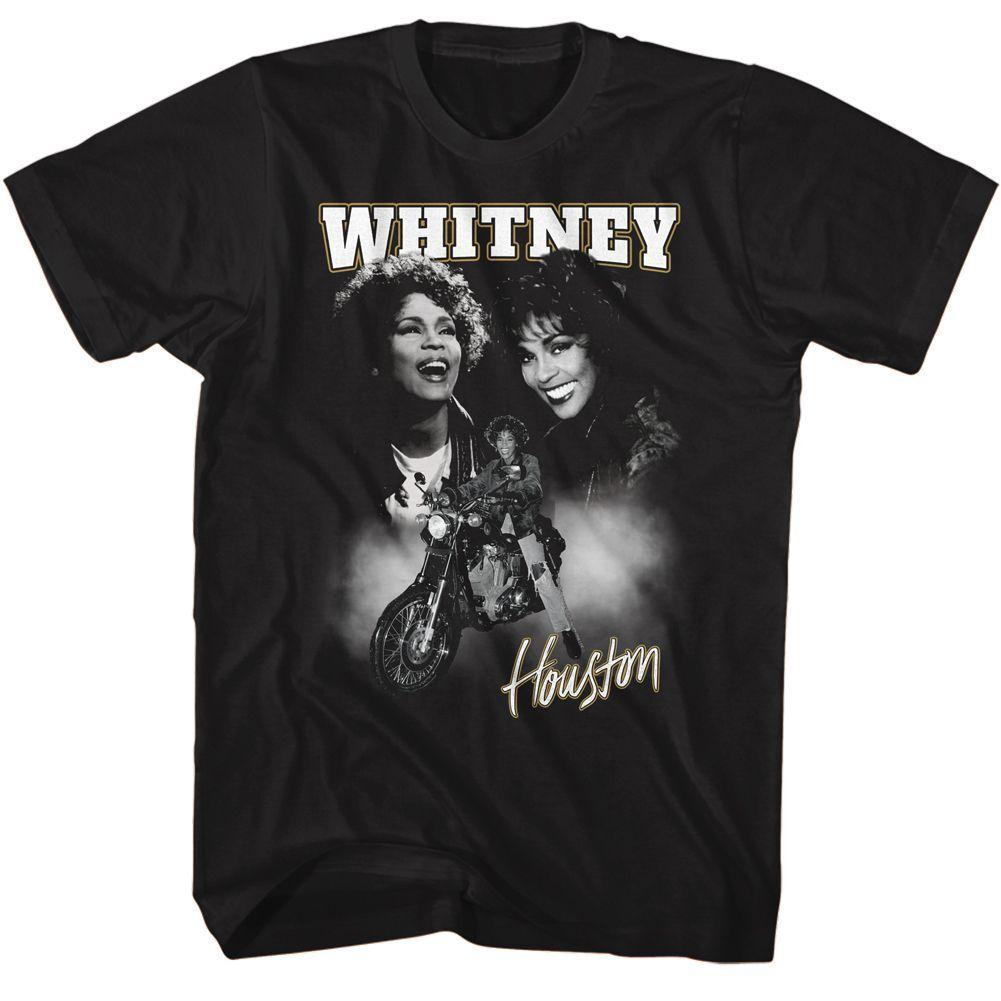 Whitney Houston Motorcycle Collage Black T-Shirt Mens Womens Tees Top 4XL