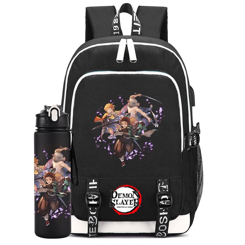 2Pcs/set Anime Demon Slayer Printed Backpack Large Capacity Waterproof Bookbag With 750ml Water Bottler Laptop Student Boy Girl Bookbag Gift