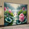 Serene Misty Lotus Tapestry, Pink Water Lilies and Green Leaves on a Calm Morning Lake, Peaceful Zen Wall Art