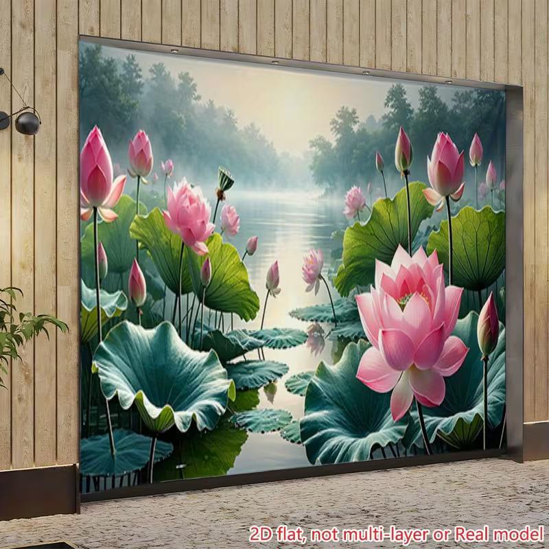 Serene Misty Lotus Tapestry, Pink Water Lilies and Green Leaves on a Calm Morning Lake, Peaceful Zen Wall Art