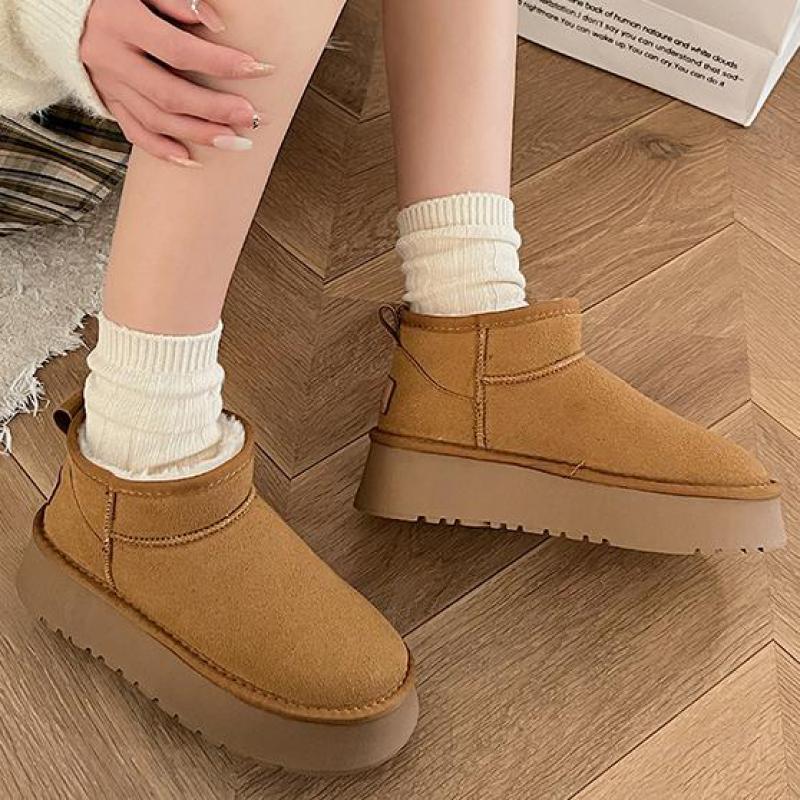 Fashion Winter Brown Snow Boots Plush Suede Ankle Boots Waterproof Warm Cotton Women Boots Slip On Fleece Thickened Flat Short Booties