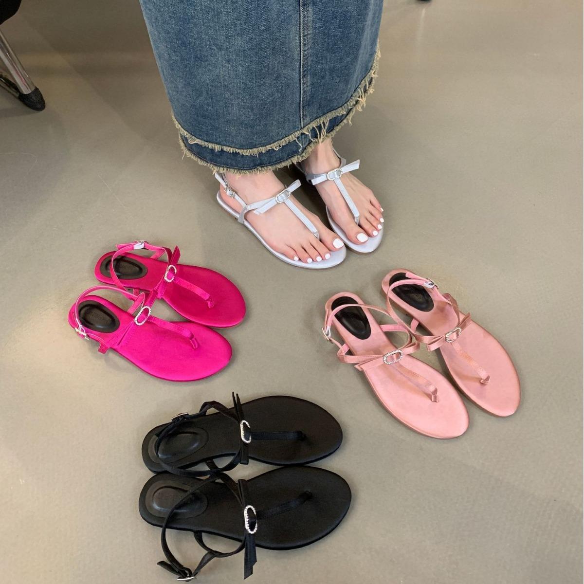 

2025 new fashion Roman summer satin toe thin belt beach vacation fairy rhinestone bow women s sandals 39 рожевий