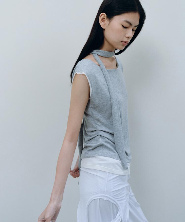 Kasel Layered Neck Strap T-Shirt, Melange Gray