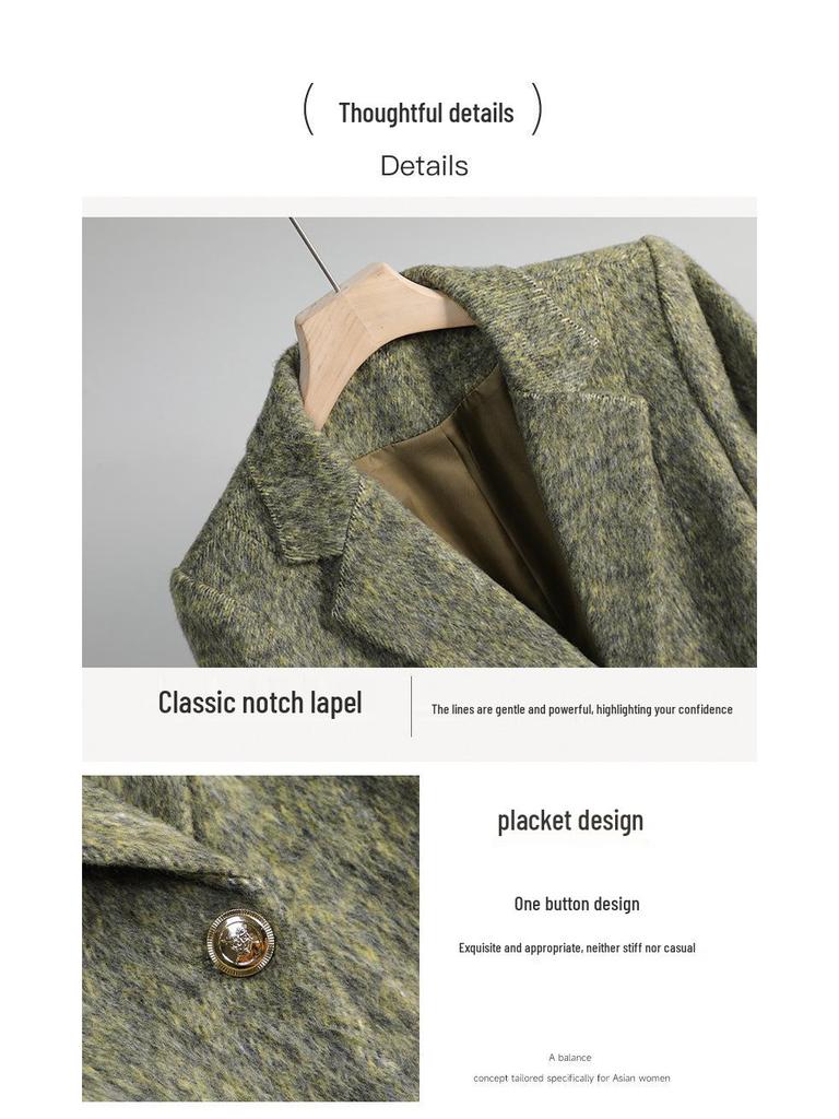 Damenwolle Grün Kurzer Blazer - Winter 2025, Kleine Größe, High-End Temperament, Verdickte Jacke