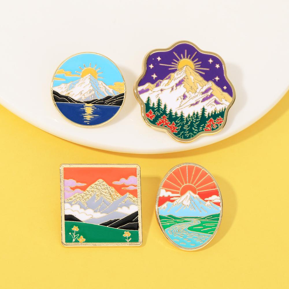 Funny Outdoor Sunrise Design Enamel Brooches Forest, River, Grassland, Ocean Sunshine Pattern Golden Pins