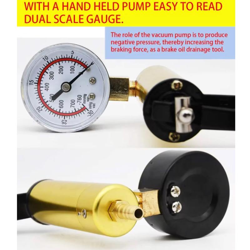Vacuum pistol pump test kit, portable durable aluminum vacuum gauge manual vacuum pressure pump brake fluid discharge kit