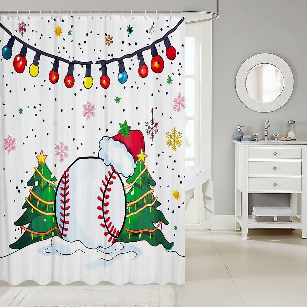Christmas Baseball Shower Curtain with Festive Ball Game Pattern, Waterproof Sports Theme Bathroom Decor for Merry Xmas Holiday