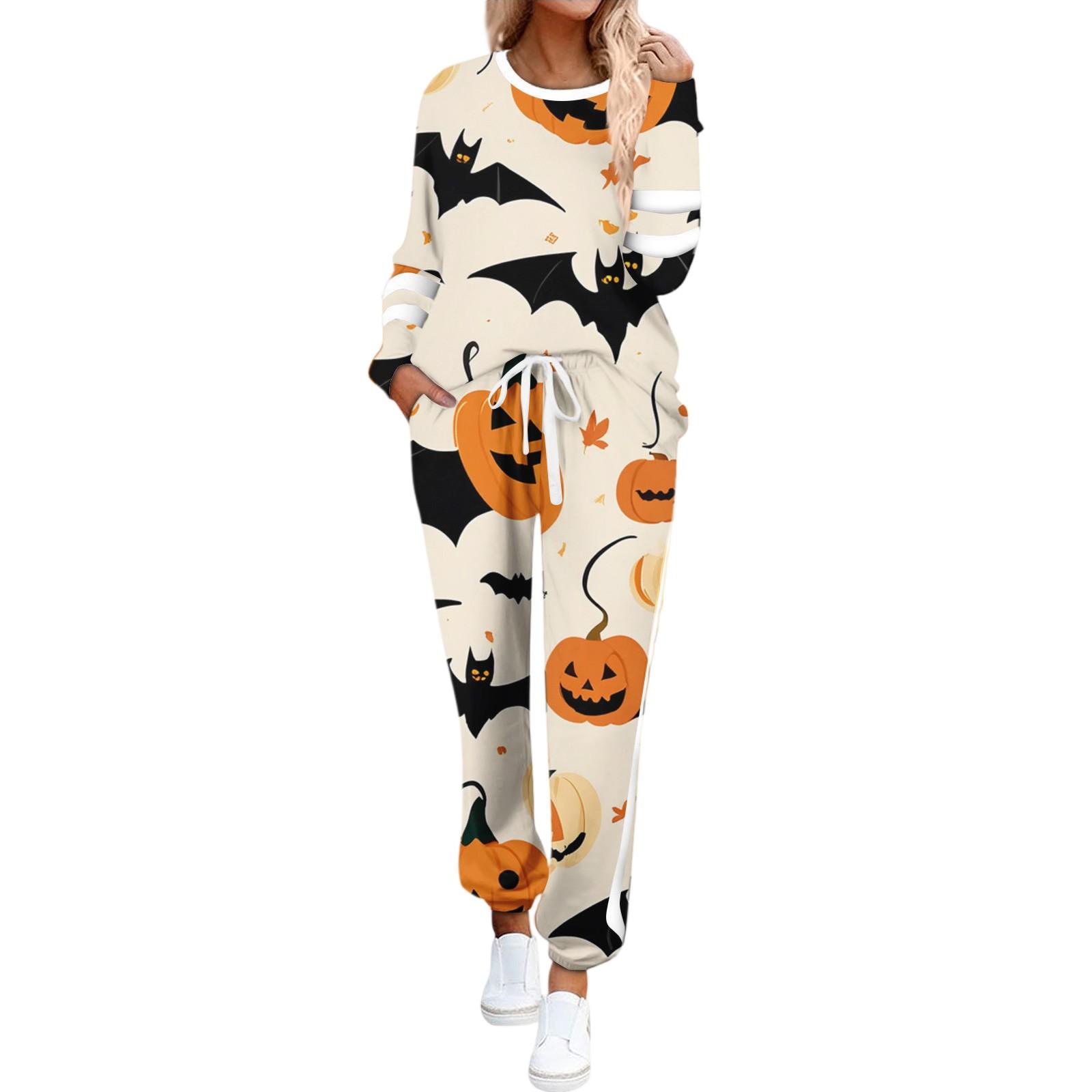 

Women s Round Neck Long Sleeve Suit Halloween Printed Casual Suit Long Pants With Pockets L білий