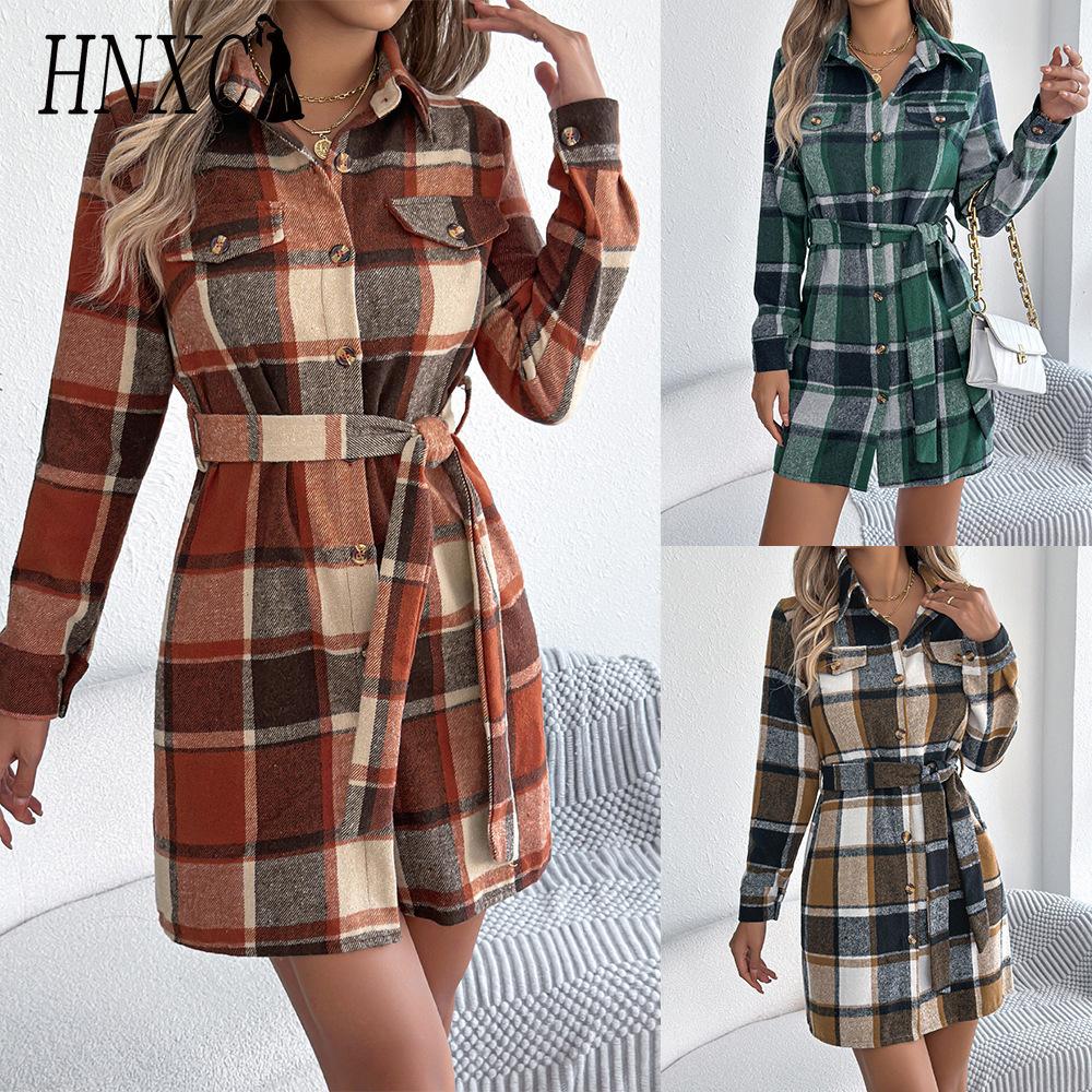 HNXC Autumn and Winter Casual Checkered Fake Pocket Long-sleeved Lace-up Woolen Shirt Dress for Women Dress