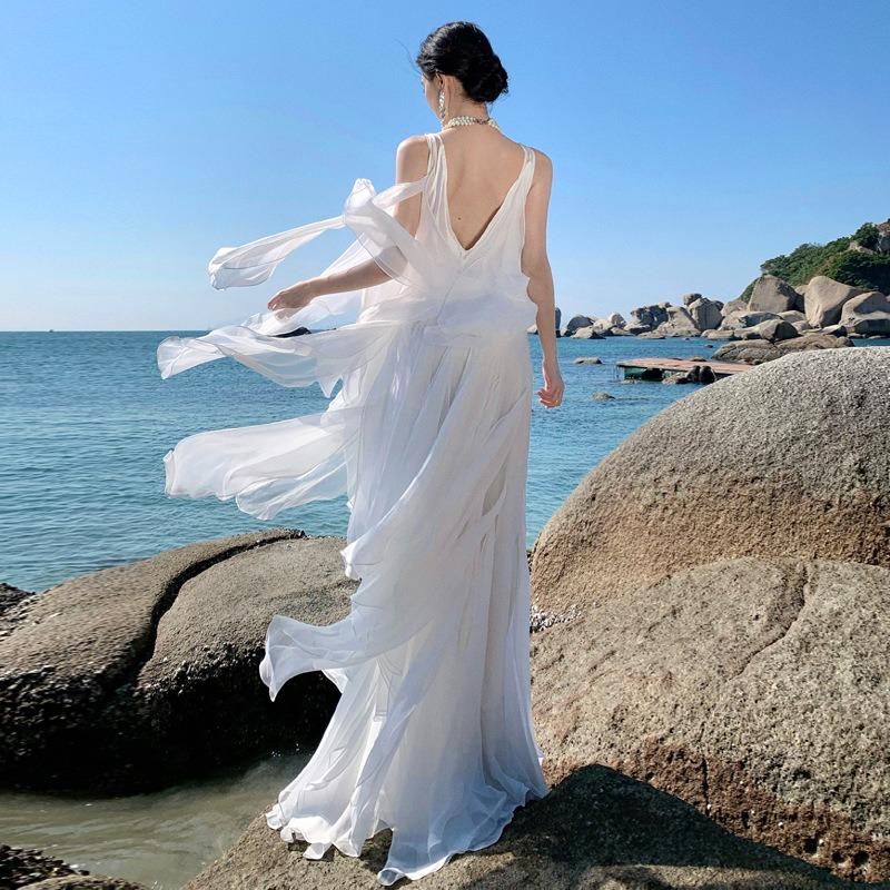 Heavy Industry Laminated Ruffle Leaf Edge Seaside Photo Beautiful Dress Elegant Morning Robe Daily Birthday Dress Beach Dress