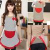 Women Cute BowKnot Dot Aprons Kitchen Restaurant Cafe Bib Cooking With Pocket