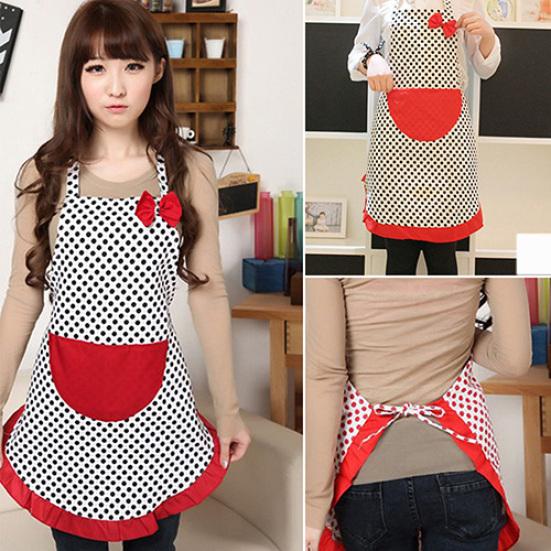 Women Cute BowKnot Dot Aprons Kitchen Restaurant Cafe Bib Cooking With Pocket
