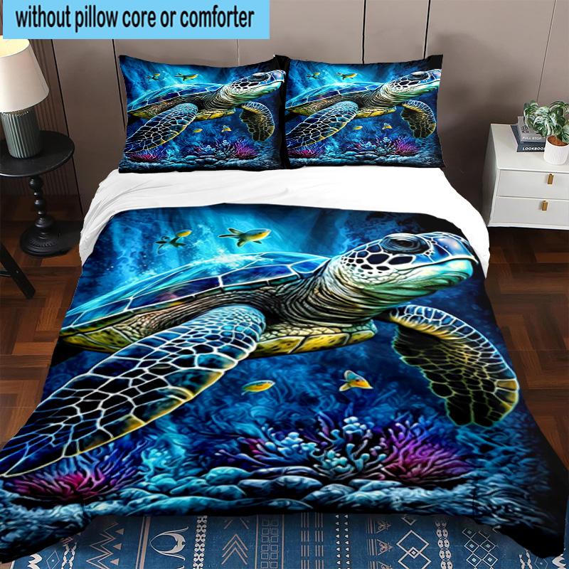 Cartoon Sea Turtle Artwork 3pcs Bedding,Including 1pc Duvet Cover And 2pcs Pillowcases Perfect for Christmas,Ideal for Bedroom, Dormitory