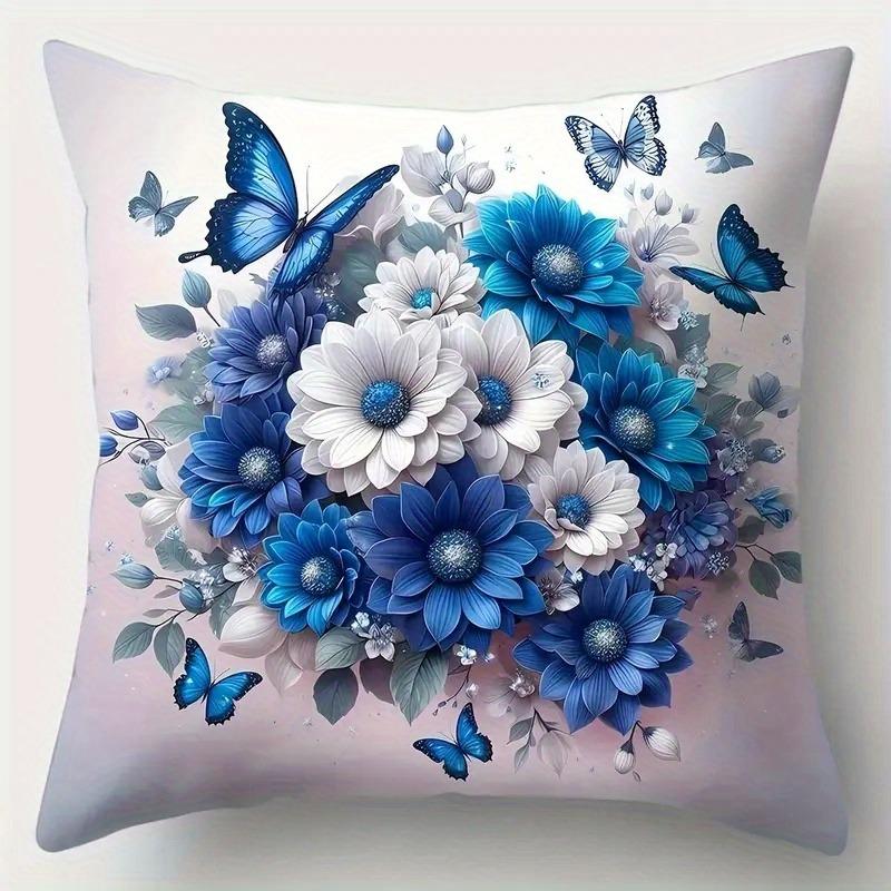 Deep Blue Floral & Butterfly Pillowcase: Luxe Watercolor-Themed Cushion Cover For Elegant Modern Home Sofa Decor