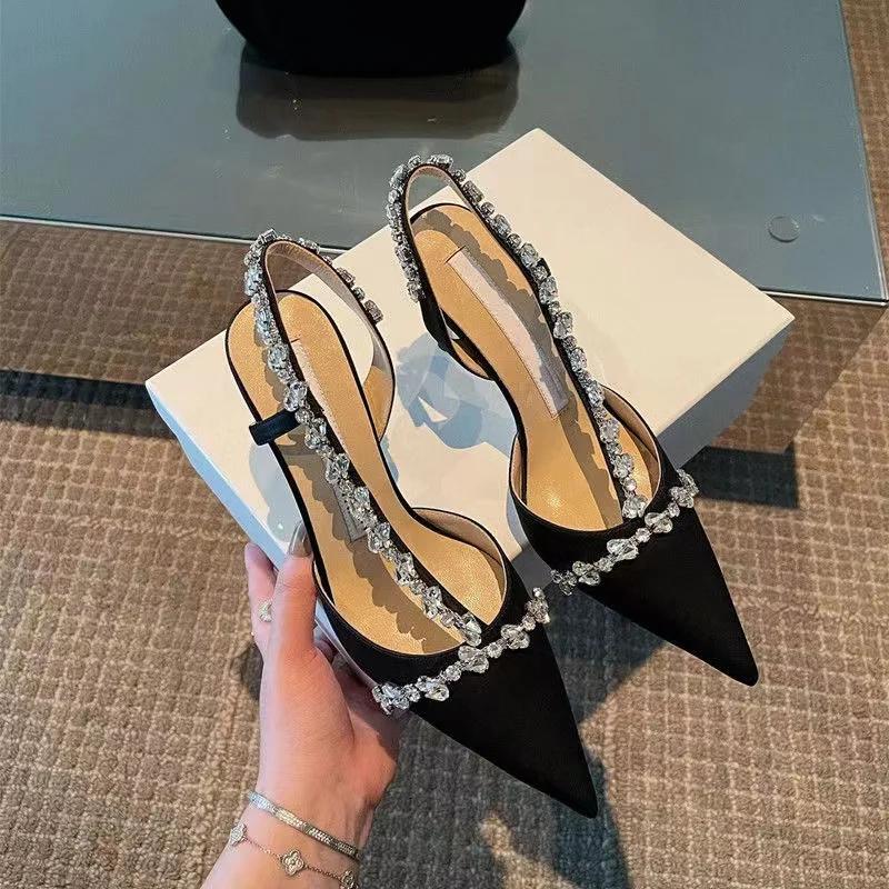 NEW Diamond Embellied High Heel Sandals Women's Spring 2025 Pointed Toe Covering Front Hollow out Thin Heel Faionable