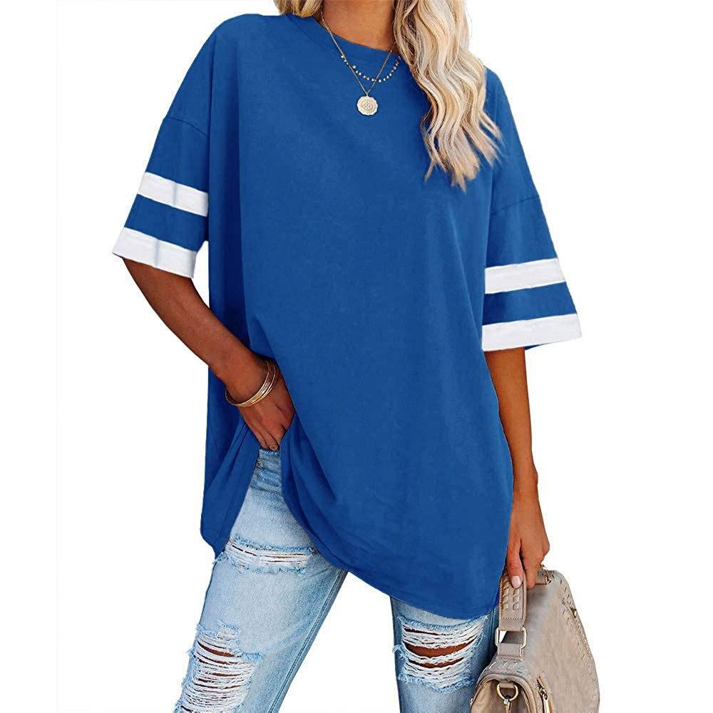 Women's Loose Half-sleeve Round Neck Colour Clashing Drawstring T-shirt