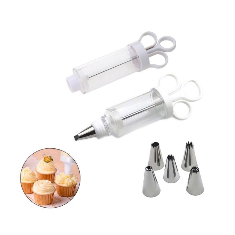 Dessert Cream Piping Syringe Nozzles Kits Dessert Decorating Syringe Cupcake Frosting Filling Injector with 5 Nozzles