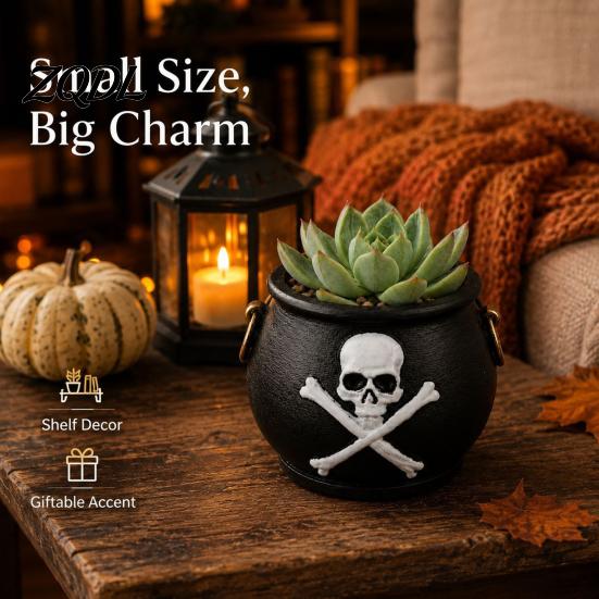 Unique Gothic Home Decor Witches Cauldron Planter, Halloween Skull Flower Pot, Resin Planter Pot Black Candy Bowl for Herbs, Indoor, Outdoor