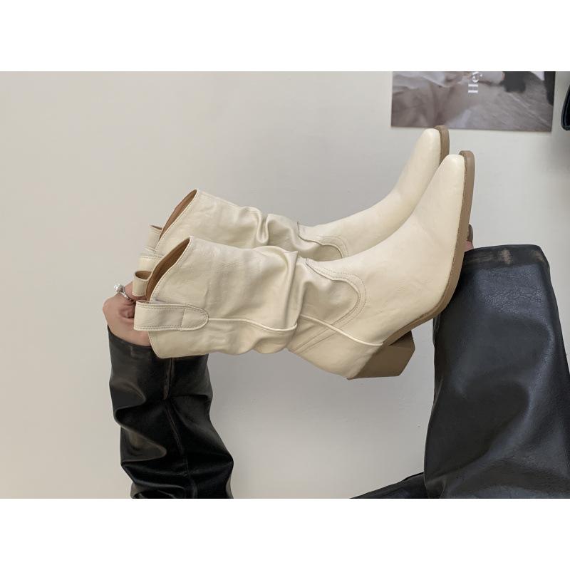 High-heeled boots retro stacking boots V-mouth Martin boots women's shoes 2025 autumn and winter new brown pointed short boots