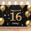 2D 16th Birthday Party Backdrop Black Gold Star Balloon Photography Background