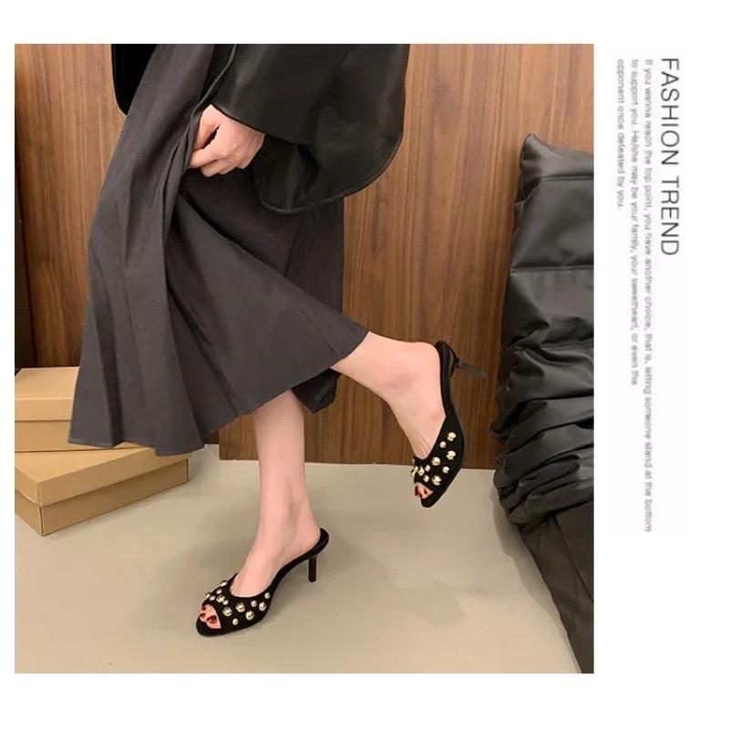Summer Women's High Heel Slippers New Fashionable Outerwear Large Size Cool Slippers Korean Edition Riveted Thin Heel Sandals