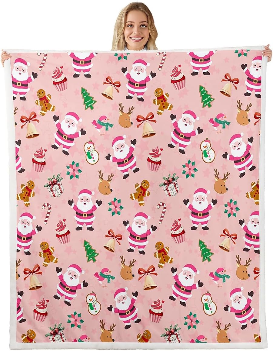 Santa Claus Fleece Blanket Elk Warm Plush Sherpa Blanket Pine Gingerbread Man Snowman Fuzzy Plush Throw Candy Canes Cupcakes 75X95CM