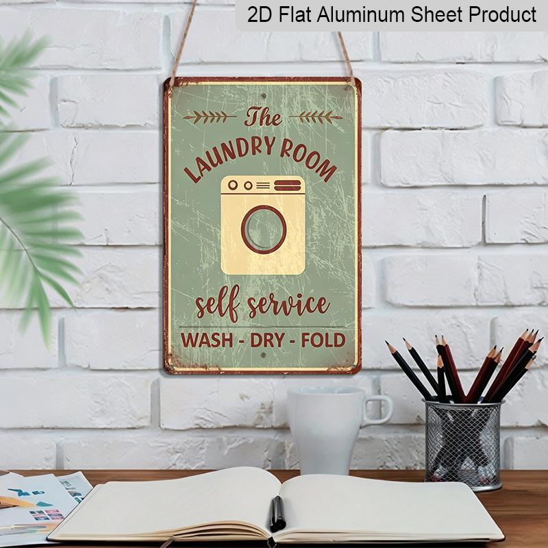 Płaski 2D - Vintage Znak Metalowy Aluminiowy do Pralni - Rustykalny Wystrój Ścianny z Instrukcjami Prania, Suszenia, Składania, 8x12 Calów, Postarzany Wygląd do Domu