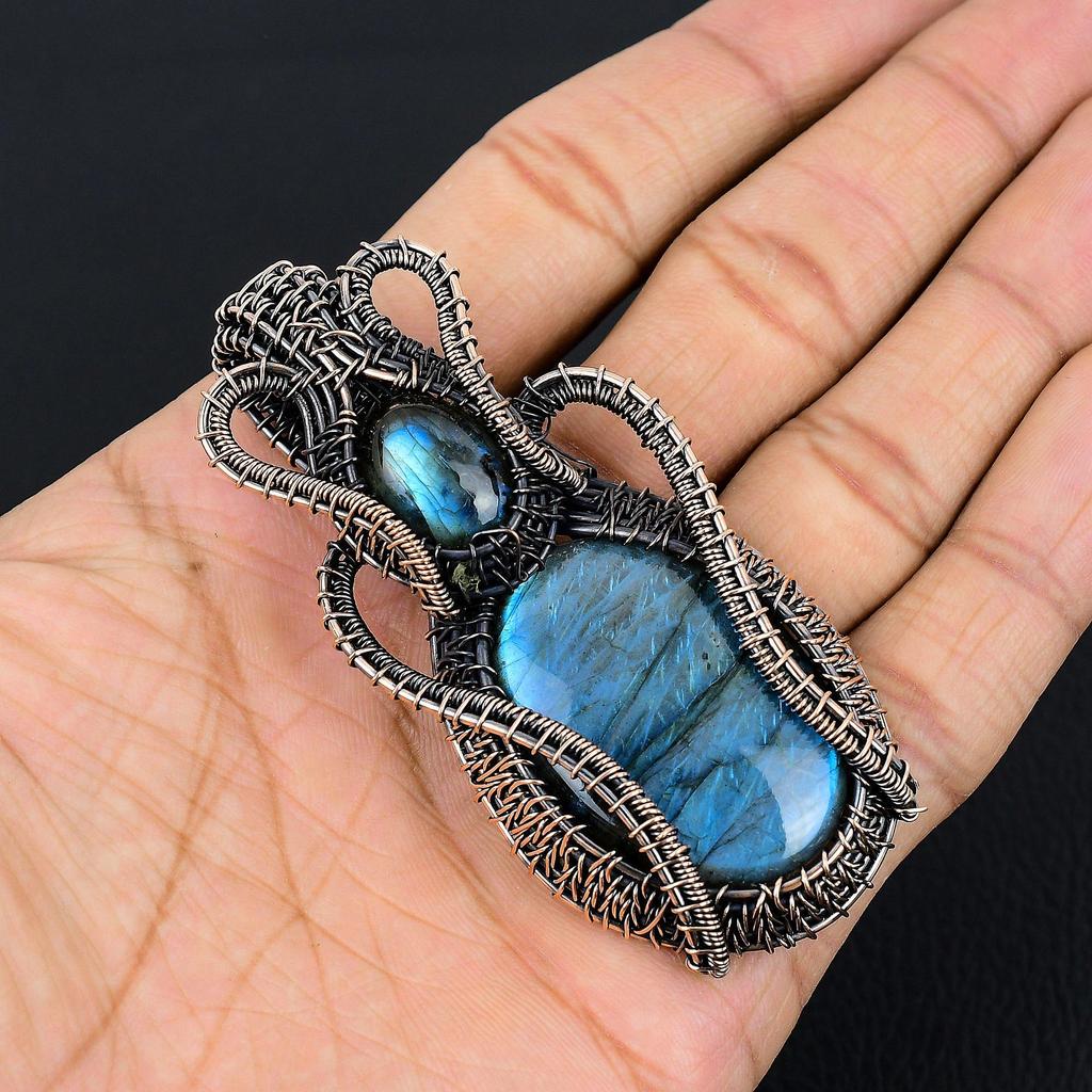 Labradorite Pendant, Handmade Gemstone 999 Copper Wire Wrapped Pendant Antique Jewelry, For Gift Silver Jewelry