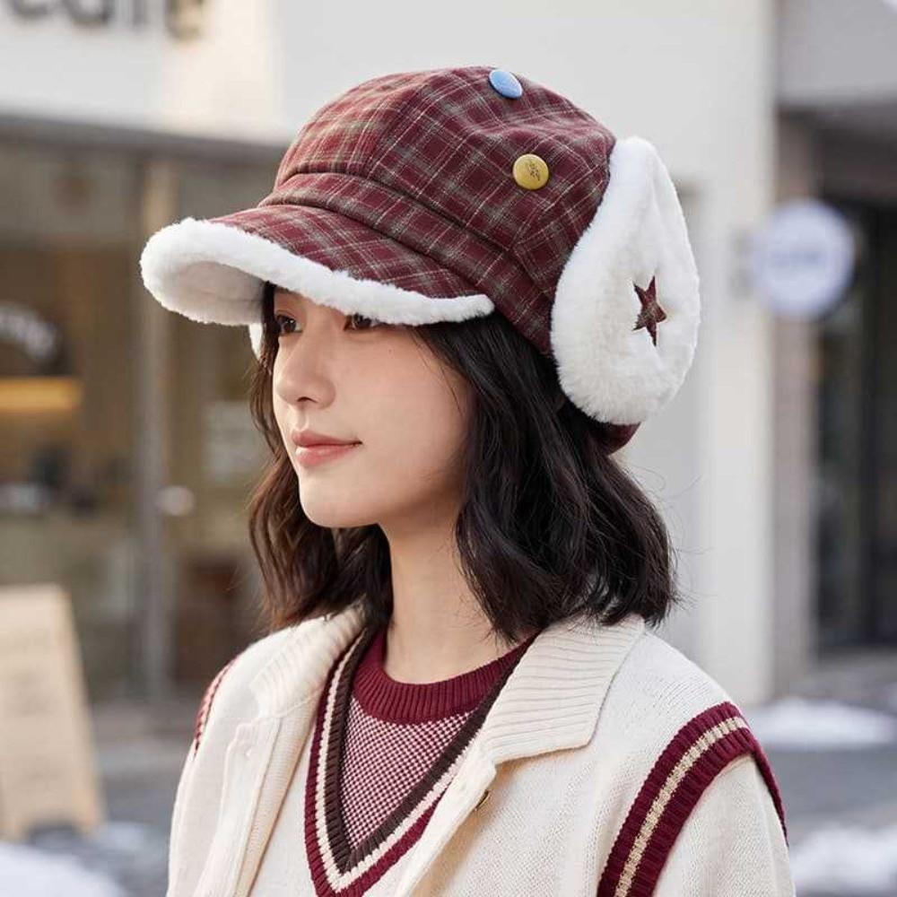Sweet Winter Fleece Lined Hat Earflap Windproof Newsboy Cap Cute Plaid Octagonal Hat For Women