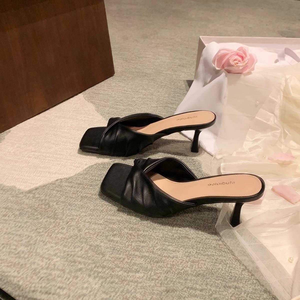 

Sheepskin 7cm high heel square head folds one word with half slippers women s summer outer wear 40