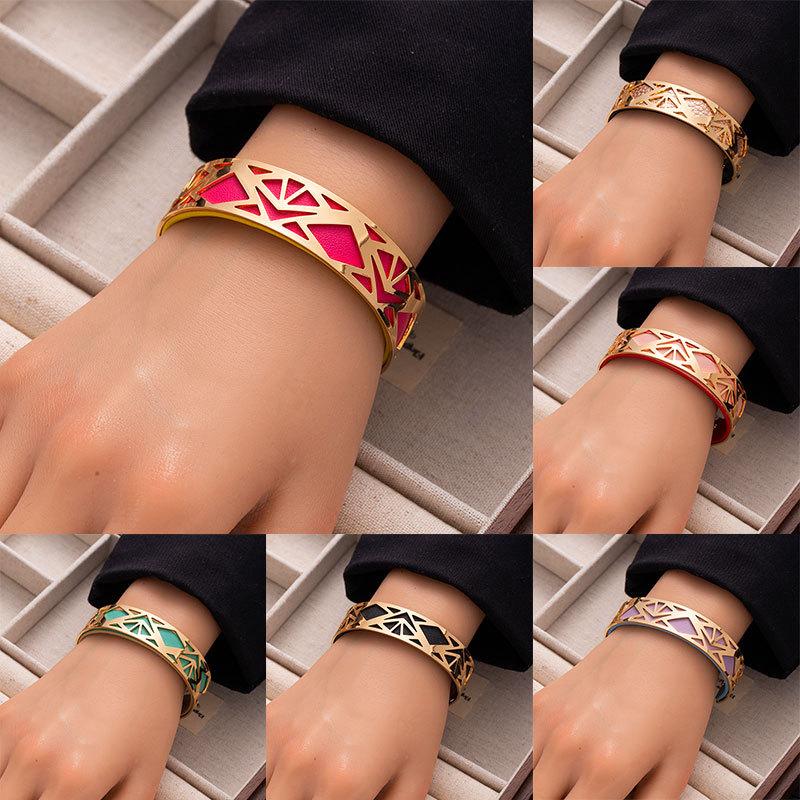 Fashion double-sided color pu leather wide bracelet women's hollow pattern titanium steel open bracelet