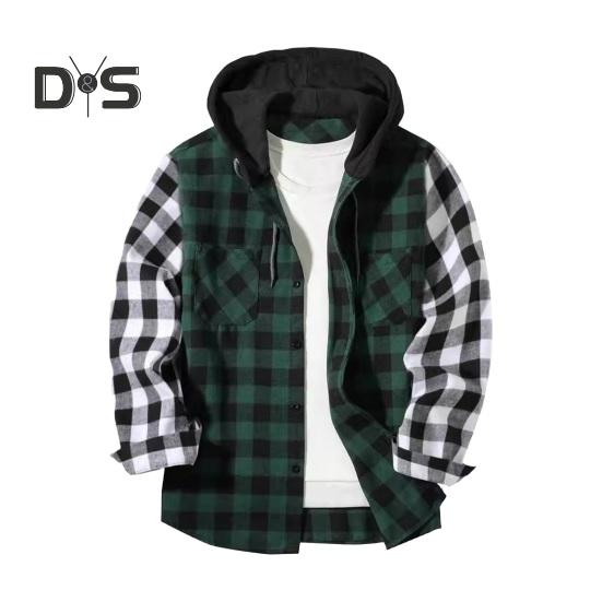 

Осень-зима Мужская рубашка Пальто Клетчатый принт Длинные рукава Нагрудный карман Регулируемый шнурок Капюшон Однобортный пэчворк Свободный контрастный цвет куртка L темно-зеленого