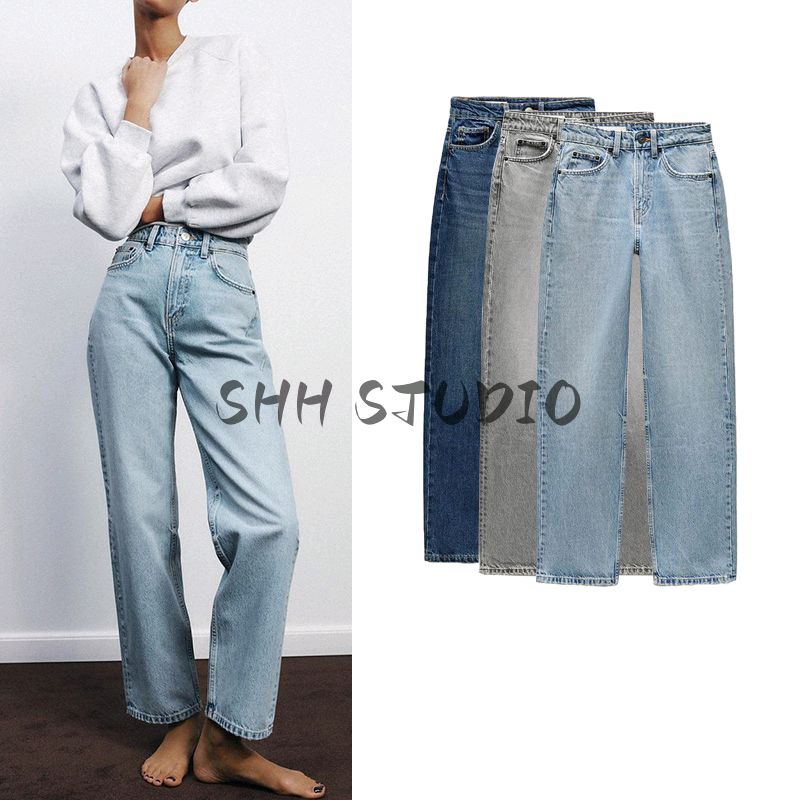 Spring New Women's Clothing Casual All-Matching Straight High Waist Cotton Loose Plaid Denim 2569047