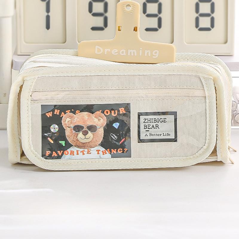 Simplicity Korean Pencil Case Large Capacity Beige Black Color Stationery Scrapbook Organizer Cute Student School Pen Bag