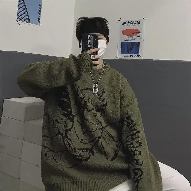 Trendy Couples' Korean-Style Angel Jacquard Knitted Sweater - Unisex Autumn/Winter Round Neck Top