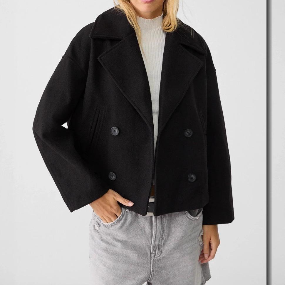 Light Beige Short Double Breasted Trench Coat with Wide Lapel