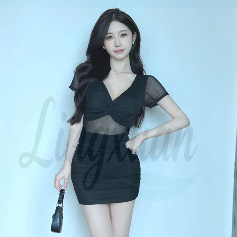 Sultry V-neck Low-Cut Bodycon Ruched Dress for Women