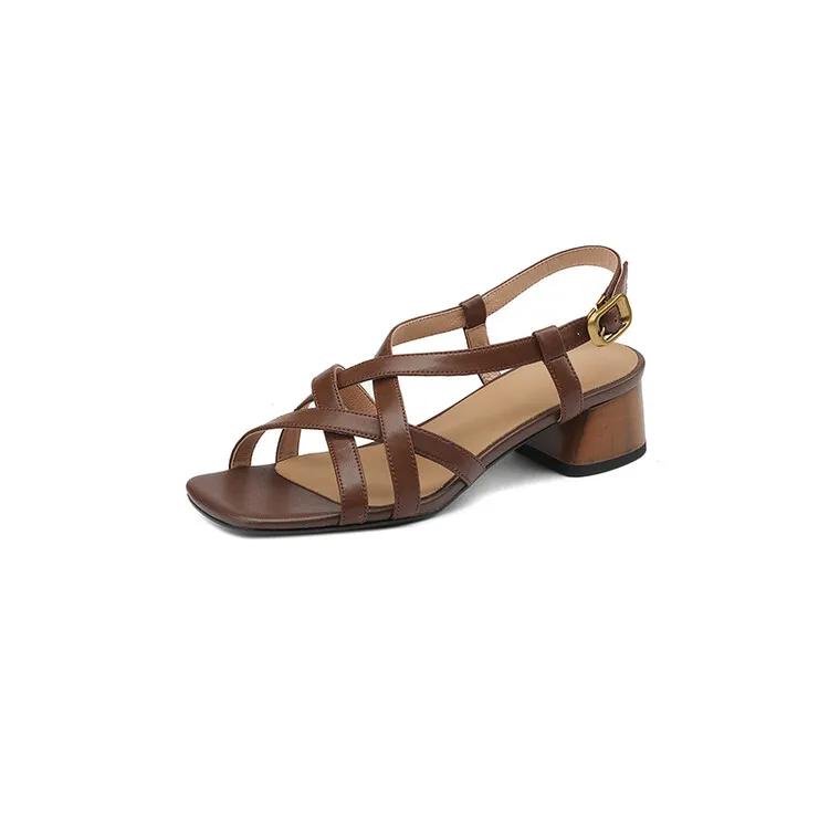 Fashion NEW Summer Women Sandals Open Toe Chunky Heel Shoes Split Leather for Women High Heel Narrow Band Shoes Casual Handmade Shoes