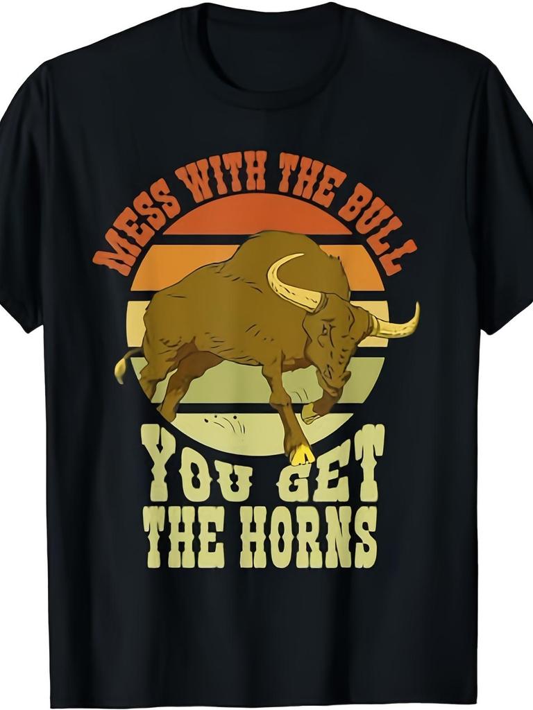 Men's & 's Mess with The Bull You Get Horns Cowboy T-Shirt - Retro Western Rodeo Ranch Design, Bull