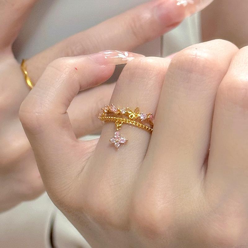 Fresh Diamond Studded Pink Butterfly Rings for Women Gentle Romantic High Quality Cute Tassel Ring Starlight Jewelry Gift