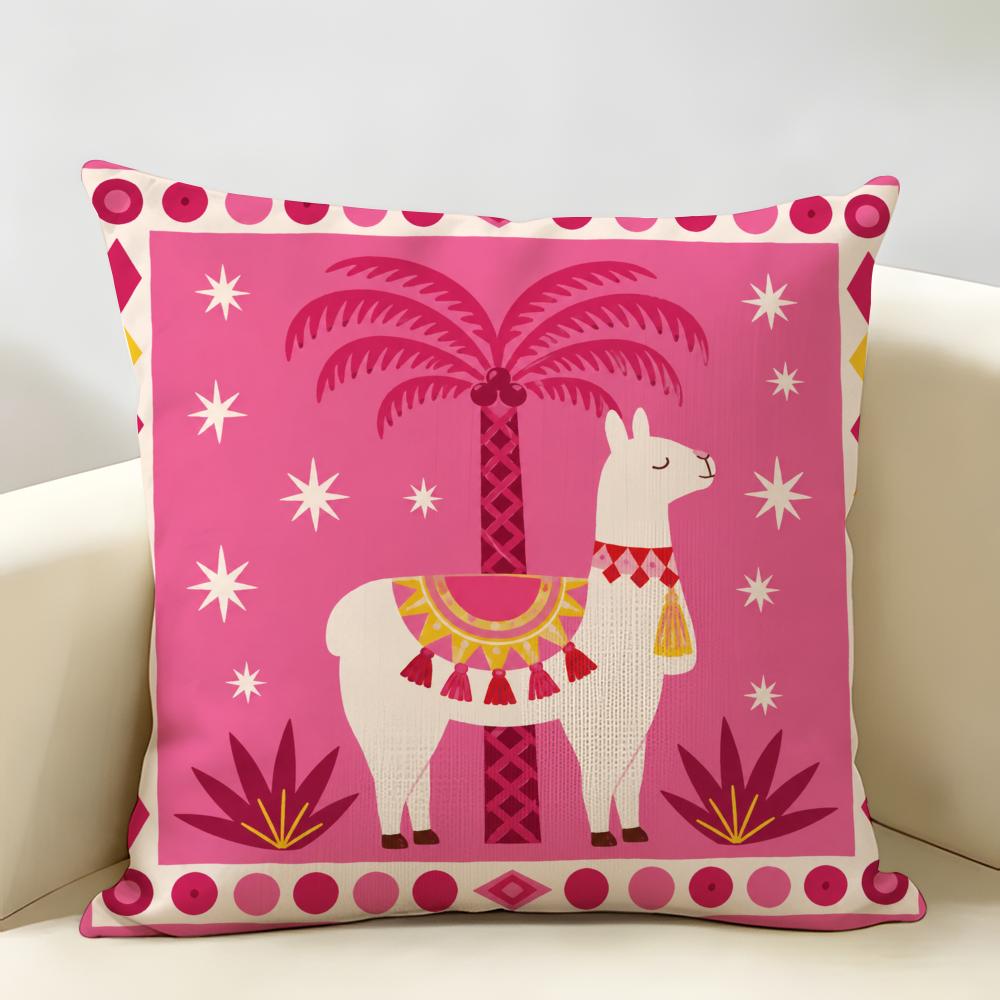 Pink Funky Animal Cushion Cover Durable Hypoallergenic Organic Linen Pillow Cover Short Size Washable SkinFriendly