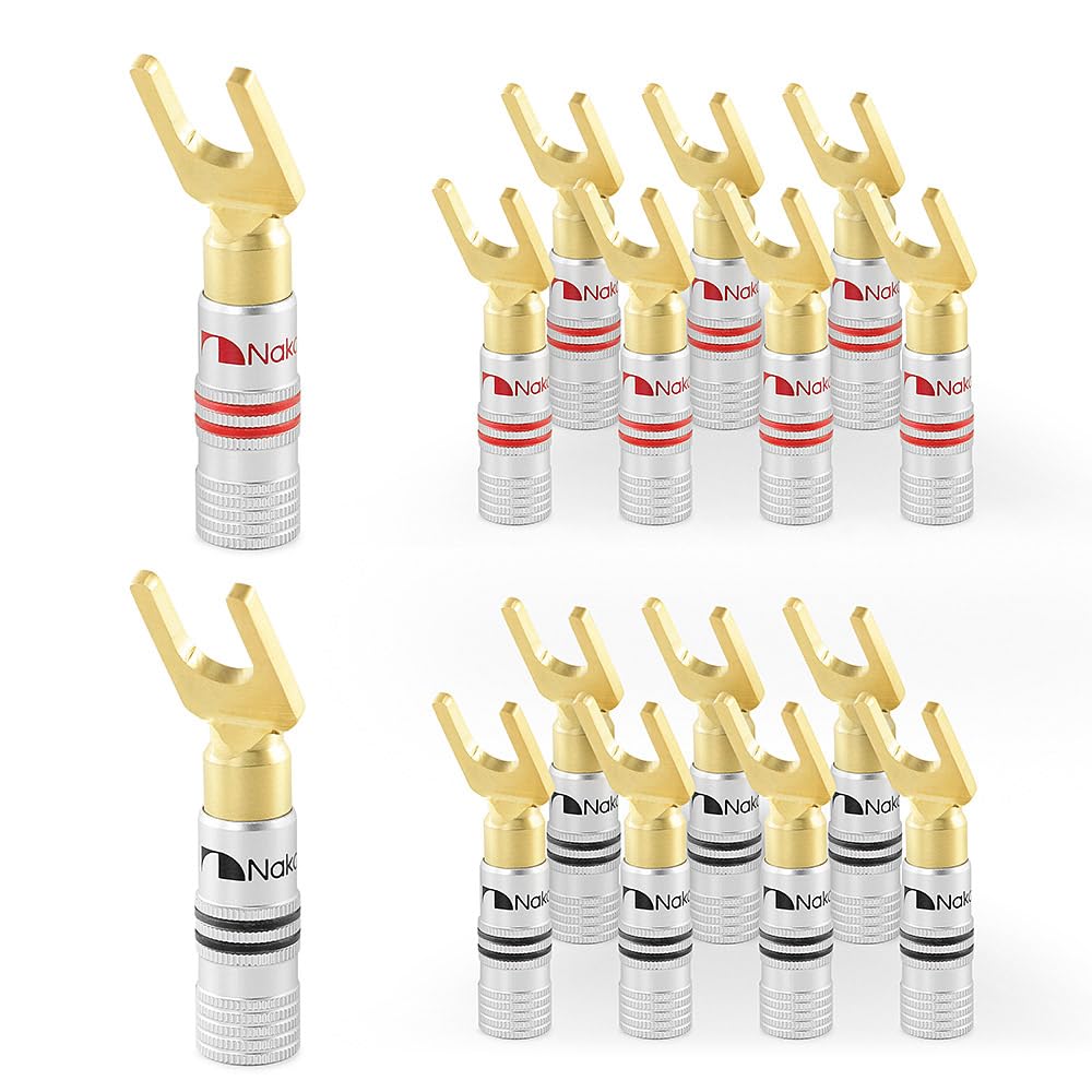 Nakamichi Excel Series 24K Gold Plated Spade Connectors 12-18 AWG 4mm for Speaker Amp Hi-Fi AV Stereo Home Theater Screw Type 16pcs 8 Pairs