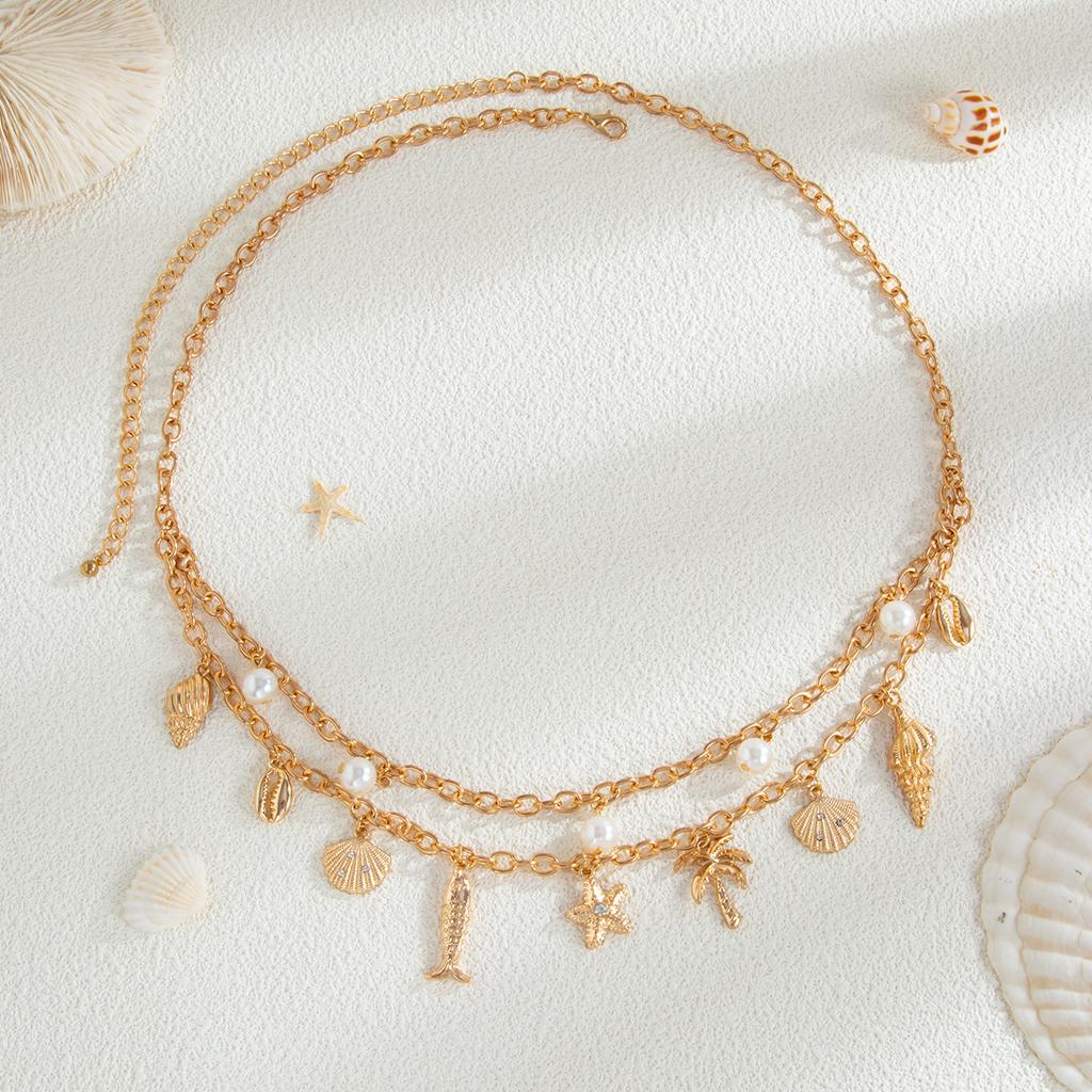 Mehrlagige Seestern Muschel Taillenkette Trendige Imitationsperle Sexy Bikini Goldfarbene Bauchkette für Frauen Mädchen Körperschmuck Geschenke