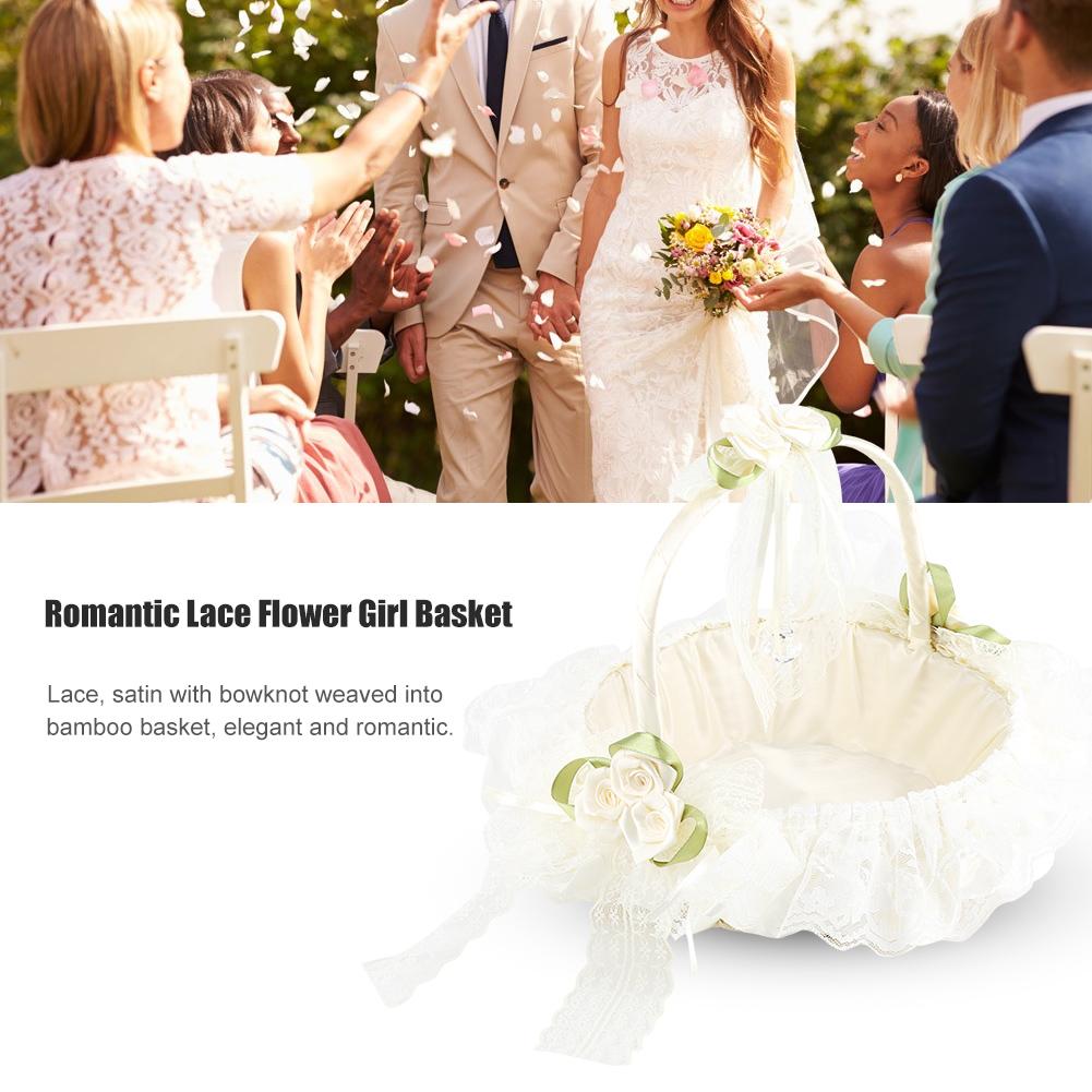 Romantic Lace Flower Girl Basket Bamboo Satin Bowknot Bridal Baskets for Wedding Party Decor
