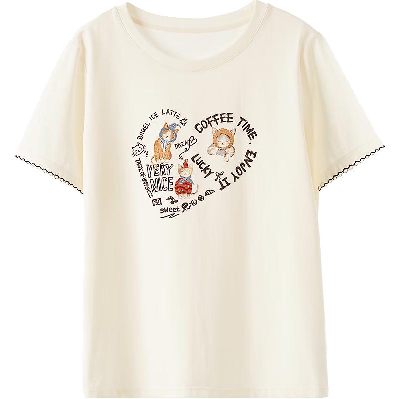 Betu Women s 2026 Spring/Summer Graffiti Cat Print Short Sleeve T-shirt L